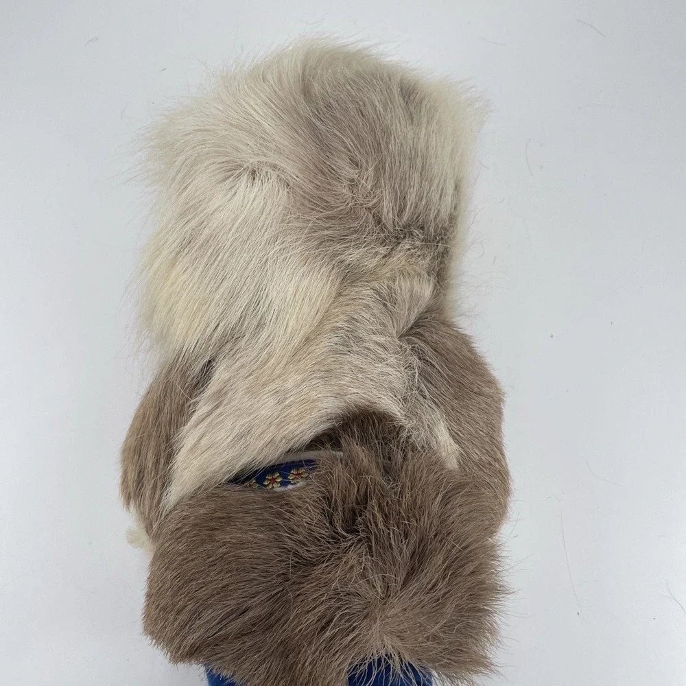 Vintage Inuit Eskimo Doll Faux Fur Parka Moccasins Blue Embroidered Trim 12 Inch